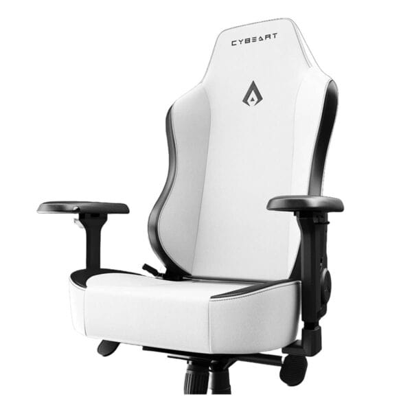 Gaming stoel met wit PU-leder, ergonomisch ontwerp, verstelbare armleuningen en 4D geheugenfoam kussen voor optimaal comfort tijdens lange gaming sessies.
