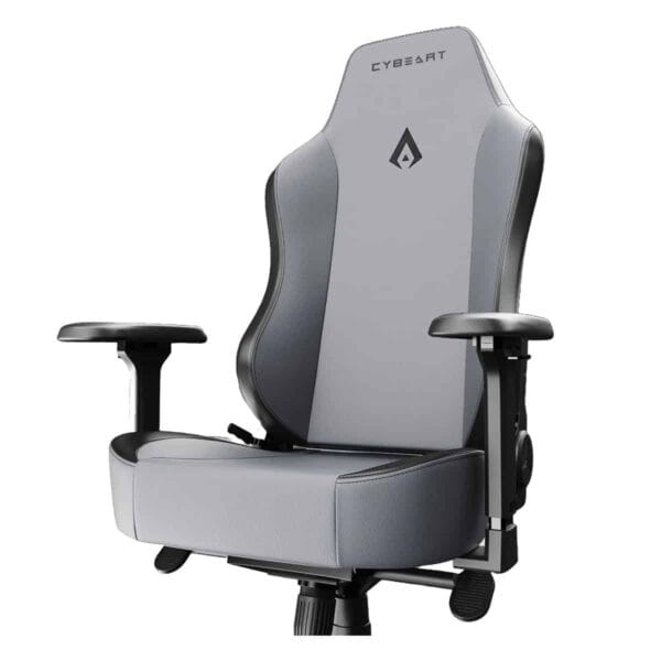 Moderne Cybeart Apex Series X11 grijze gaming stoel met PU-lederen bekleding en 4D geheugen foam kussen voor optimaal comfort tijdens lange speelsessies.
