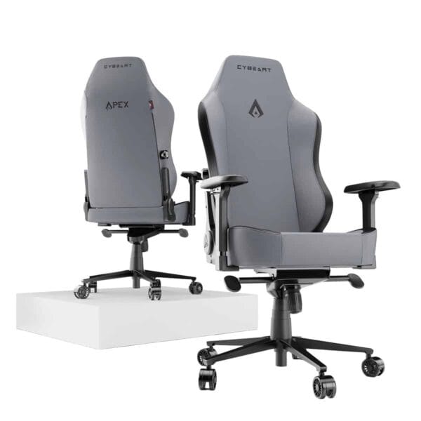Grijze Cybeart Apex Series X11 gaming stoel met PU-lederen bekleding en 4D geheugen foam kussen, ergonomisch ontwerp, ideaal voor lange gaming sessies.