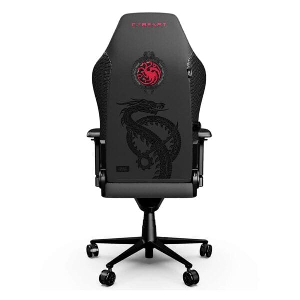 Gaming stoel met Targaryen drakenlogo, ergonomisch ontwerp, PU-lederen bekleding en 4D geheugen foam kussen voor comfortabel gamen en lange sessies.
