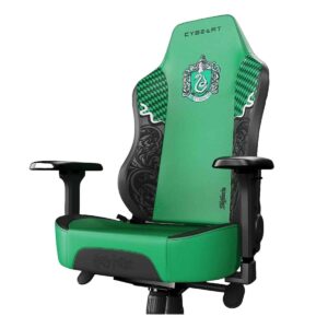 Gamingstoel met Slytherin logo en groene accenten, ergonomisch ontwerp met PU-lederen bekleding en 4D geheugenfoam kussen voor optimaal comfort tijdens lange speelsessies.
