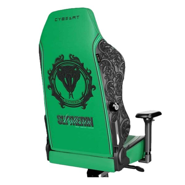 Gaming stoel met Slytherin logo en groene kleur, ergonomisch ontwerp met PU-lederen bekleding en 4D geheugen foam kussen voor comfortabel gamen.