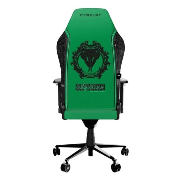 Gaming stoel met Slytherin logo, groen en zwart design, ergonomisch met PU-lederen bekleding en 4D geheugen foam kussen voor comfortabel gamen.