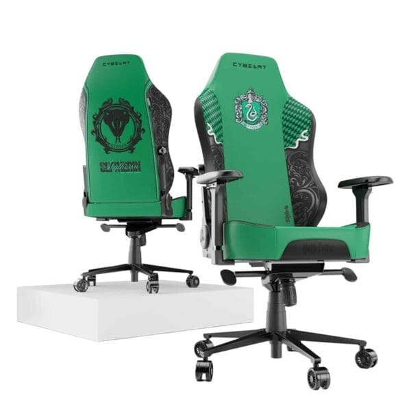 Gaming stoel met Slytherin logo en groene PU leren bekleding, ergonomisch ontwerp, verstelbare armleuningen en 4D geheugen foam kussen voor optimaal comfort tijdens gamen.
