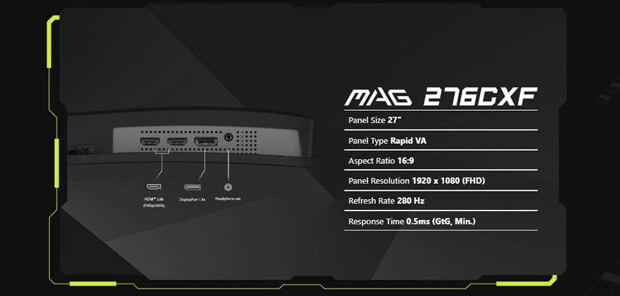 MSI MAG 276CXF 27 inch 280Hz 0.5ms Full HD Adaptive Sync Rapid VA Gebogen Gaming Monitor H11