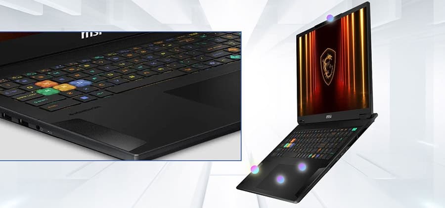 Snelle gaming laptop met RGB-verlichte toetsen voor optimale gamingervaring en krachtige prestaties.