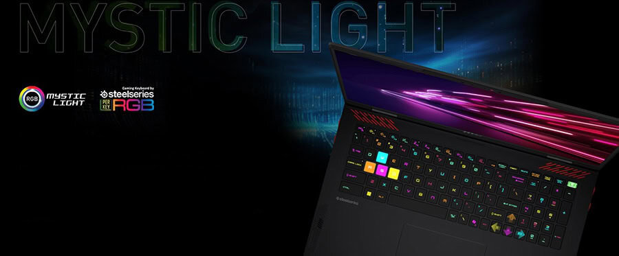 Mystic Light RGB-verlichting voor gaminglaptops met kleurrijke RGB-verlichting en dynamische lichteffecten.