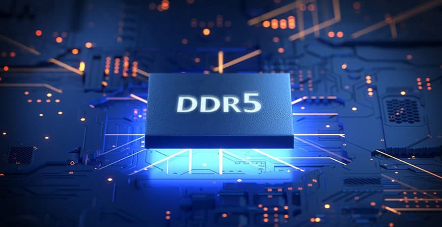 DDR5 geheugenchip op een thermisch gestructureerde printplaat met futuristisch blauwe verlichting.