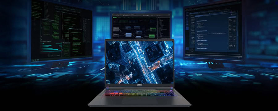 High-tech gaming setup met meerdere monitors en een gaming laptop, perfect voor computer gaming en softwareontwikkeling, geoptimaliseerd voor gaming en technologieën.