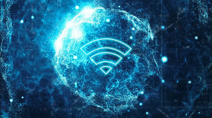 High-speed wifi sign in digital abstract background, internet connectivity concept.