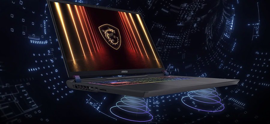 Ultramodernde gaming laptop met MSI-logo en kleurrijk RGB-toetsenbord voor esports en high-end gaming.
