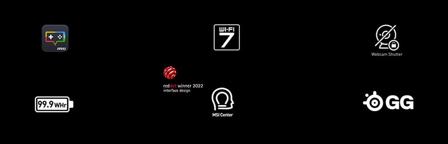 MSI Gaming laptop met Wi-Fi 7, webcam shutter, 99.9WHR batterij, MSI Center software en red dot award 2022, ideaal voor gamers en content creators.