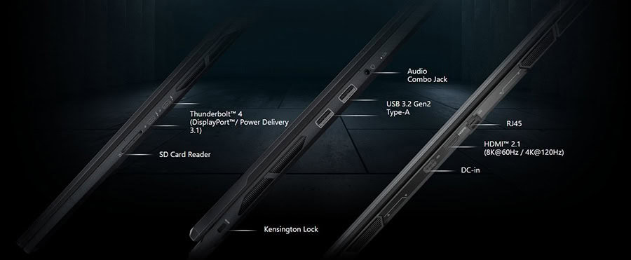 Thunderbolt 4 en USB 3.2 Gen 2 Type-A poorten voor snelle dataoverdracht en connectiviteit.