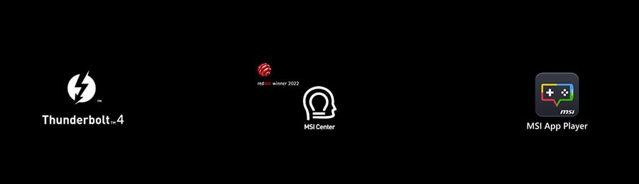Thunderbolt 4, MSI Center en MSI App Player logo's op zwart achtergrond, hoogwaardige gaming hardware en software oplossingen.