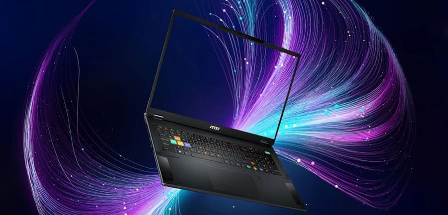 Geanimeerde laptop met kleurrijke, digitale achtergrond, geschikt voor gaming en technologie, benadrukt innovatief design en hoge prestaties, ideaal voor gamers en professionals die maximale optima zoeken.