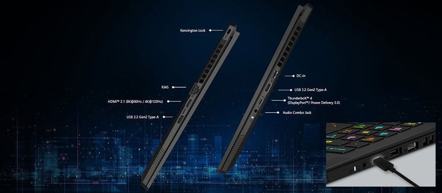 Ultradunne gaming laptop met krachtige functies en uitgebreide connectiviteit, ideaal voor gamers en creatieve professionals.