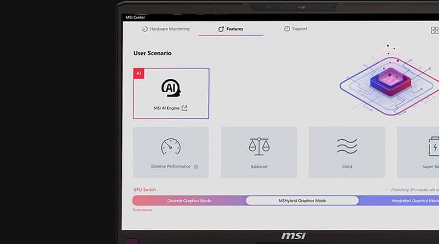 AI-gamingsysteem software op MSI laptop met grafische modusschakelaar voor optimale prestaties en lage latency.