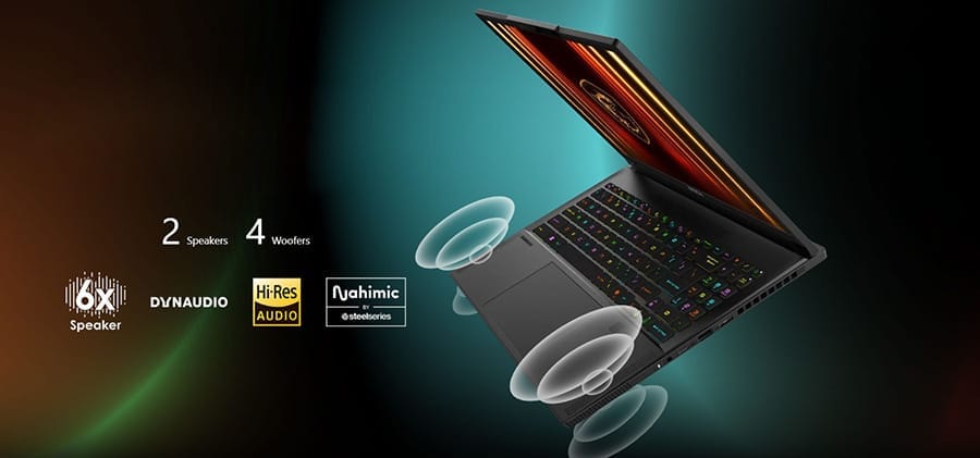 Draadloze gaminglaptop met kleurrijk backlit toetsenbord en geavanceerde geluidsystemen, ideaal voor gamers en content creators.