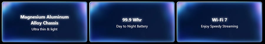 Kaart met specificaties van gaming hardware zoals magnesium aluminium chassis, 99.9 Wh batterij en Wi-Fi 7 voor optimale prestaties.