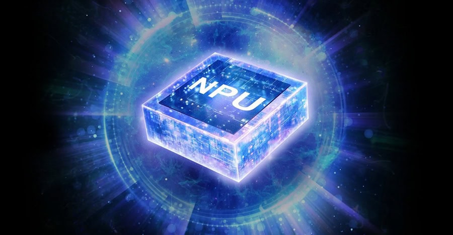 NPU chip embedded in a futuristic digital circuit highlighting AI en technologische innovatie.