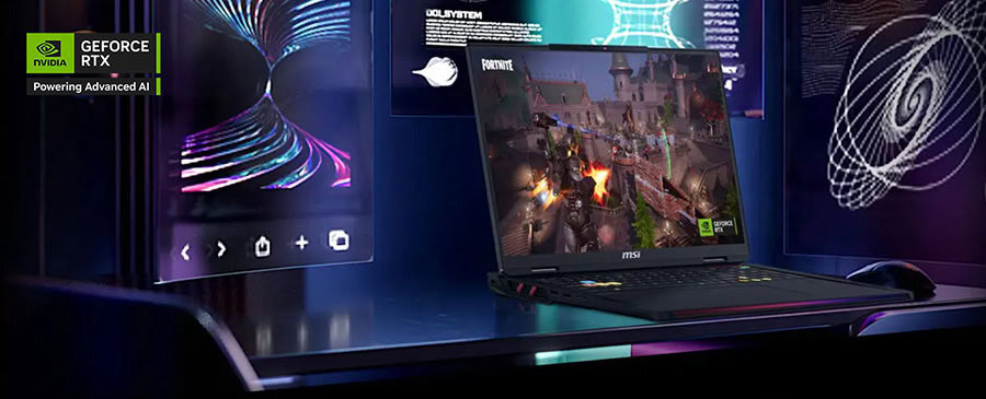 NVIDIA GeForce RTX gaming laptop met Fortnite gameplay op een verlichte gaming bureau.