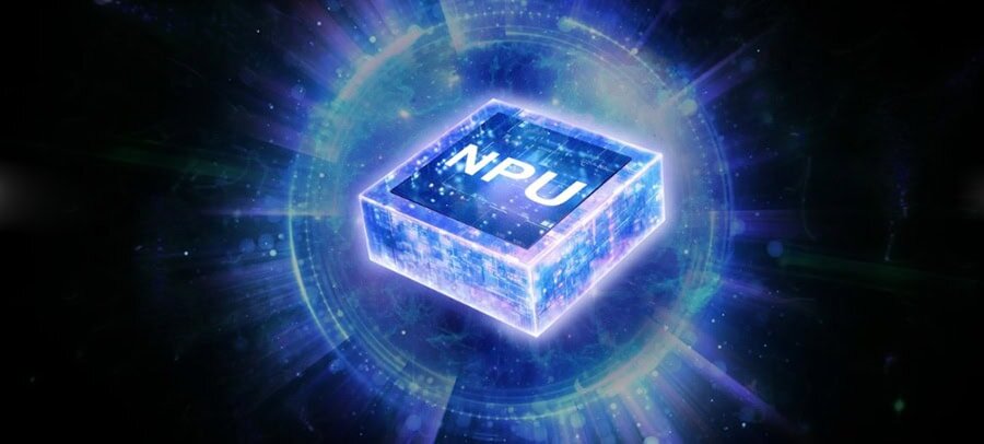 NPU-chip met futuristische digitale effecten en stralende blauwe aura voor optimalisatie en krachtige gaming-prestaties.