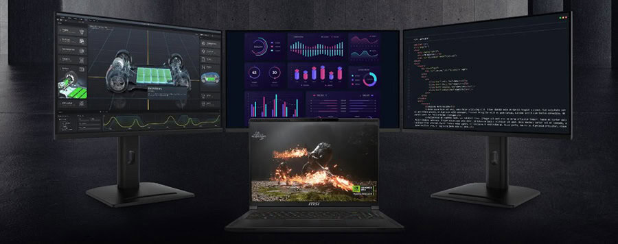 Zeer brede gaming en programmeer monitor setup met meerdere schermen en gaming laptop, geschikt voor high-performance gaming en professionele software.