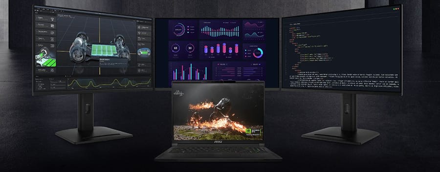 High-performance gaming setup with three monitors displaying game analytics and code, enhanced by a gaming laptop, ideal for immersive gaming and professional game development.