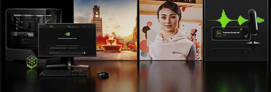 NVIDIA gaming en streaming setup met pc, monitor, microfoon en geluidstechnologie voor optimale gaming- en creatie-ervaringen.