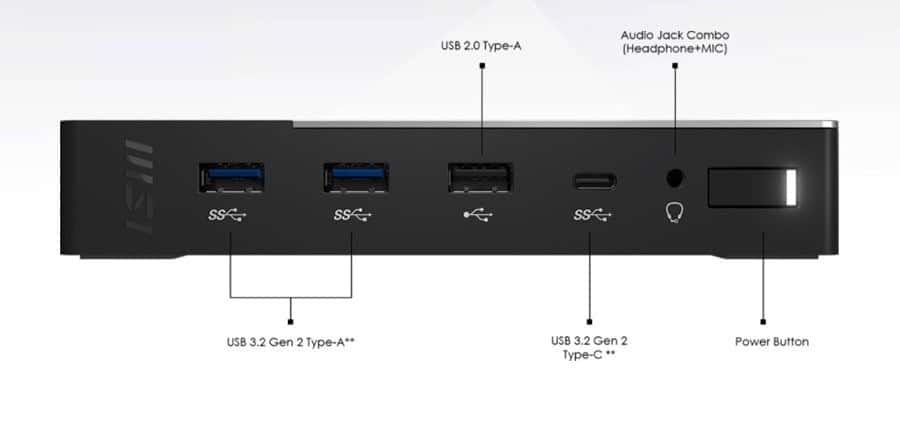 USB 3.2 Gen 2 Type-A en Type-C poorten, audio jack combo en power knop, ideaal voor gaming en snelheid, geschikt voor professionele gamers en content creators.