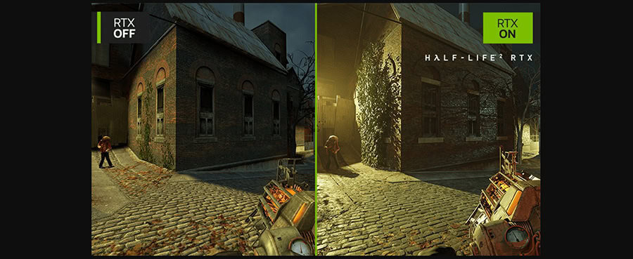RTX off en on vergelijking in Half-Life 2 RTX graphics, demonstratie van verbeterde visuele kwaliteit met ray tracing voor optimale gaming ervaring.