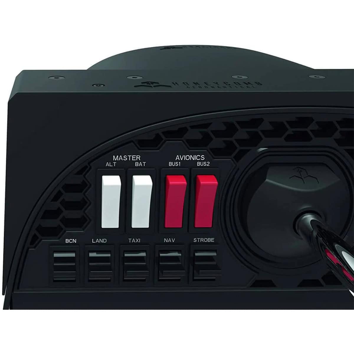 Voertuignavigatiesysteem met bedieningsknoppen voor vliegtuig en landingsvoertuigen op Azoth Gaming display.