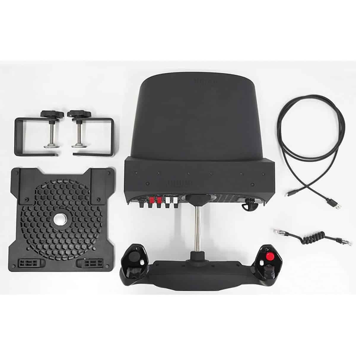 Fietstrainer voor indoor fietsen, compatibel met verschillende MTB- en racefietsen, inclusief verstelbare bevestigingsklemmen en verbindingskabels voor optimale training.