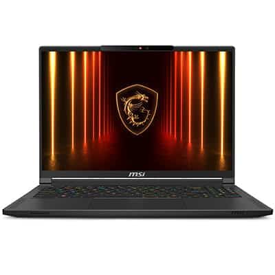 Snelle gaming laptop met MSI-logo en opvallend verlichte RGB-actie, ideaal voor gamers die hoge prestaties zoeken.
