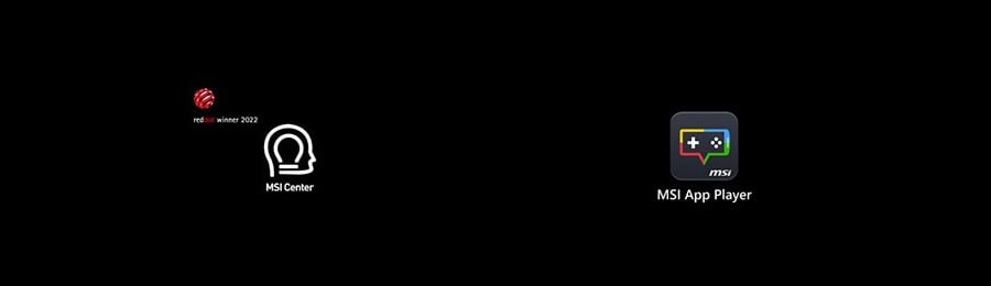 MSI Center en MSI App Player logo’s op zwarte achtergrond, geschikt voor gaming en optimalisatie, benadrukt de geavanceerde gaming hardware en software oplossingen van Azoth Gaming.