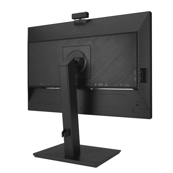 Een zwart ASUS computer monitor met verstelbare standaard en webcam, ideaal voor gaming en professioneel gebruik, met alle benodigde aansluitingen en geavanceerde technologie.