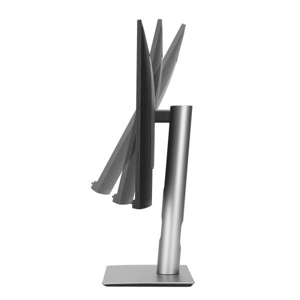 Zwarte flat screen monitor met metalen standaard en slanke ontwerp voor gaming en kantoorgebruik.