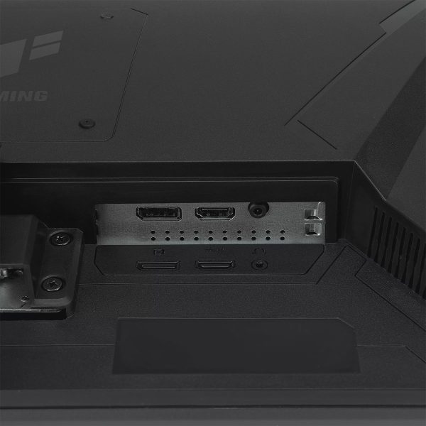 Close-up van de aansluitingen op de ASUS TUF Gaming VG279QE5A 27 inch monitor, inclusief HDMI, DisplayPort en audio-uitgang, ideaal voor gaming en professionele toepassingen.