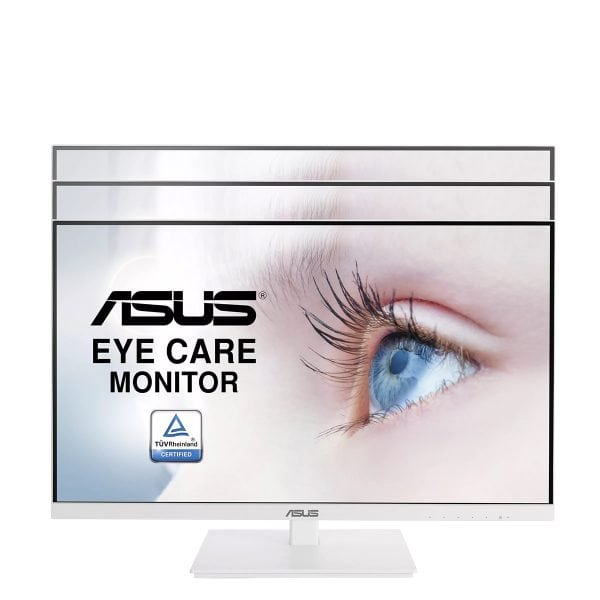 ASUS Eye Care Monitor met een close-up van een oog, ontworpen voor comfortabel gebruik en optimale beeldkwaliteit, ideaal voor gaming en werk.