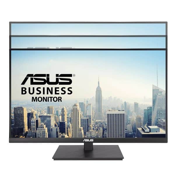 Hoge resolutie ASUS zakelijke monitor met stadsgezicht, ideaal voor professional gebruik en bureauruimtes.