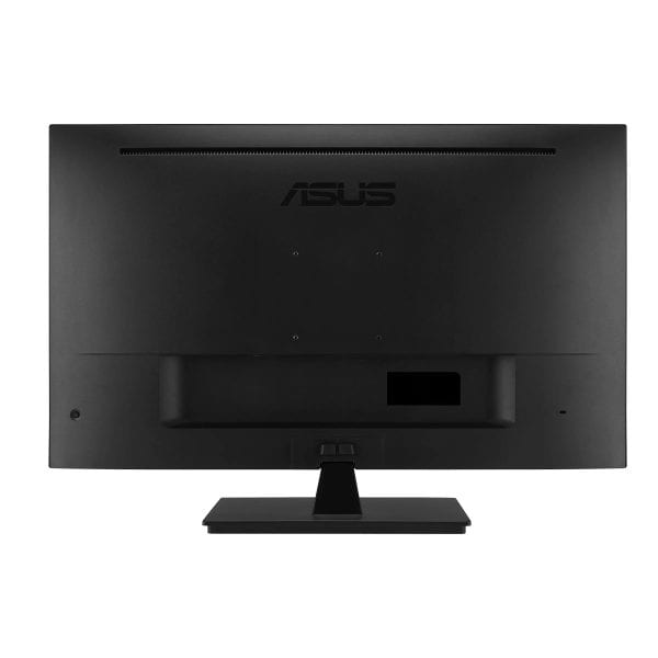 Aan de achterkant van een zwart ASUS computermonitor, geschikt voor gaming en werkomgevingen, op wit blad met een clean design en stevige standaard.