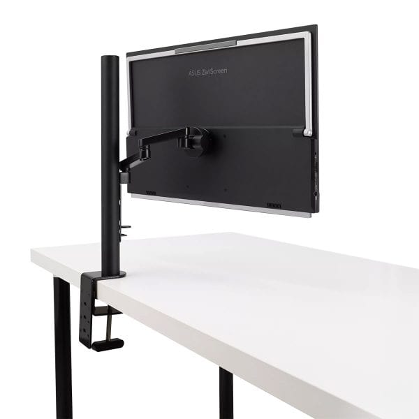 Ultrawide ASUS ZenScreen monitor op een verstelbare standaard op een wit bureau, ideaal voor gaming en werk.
