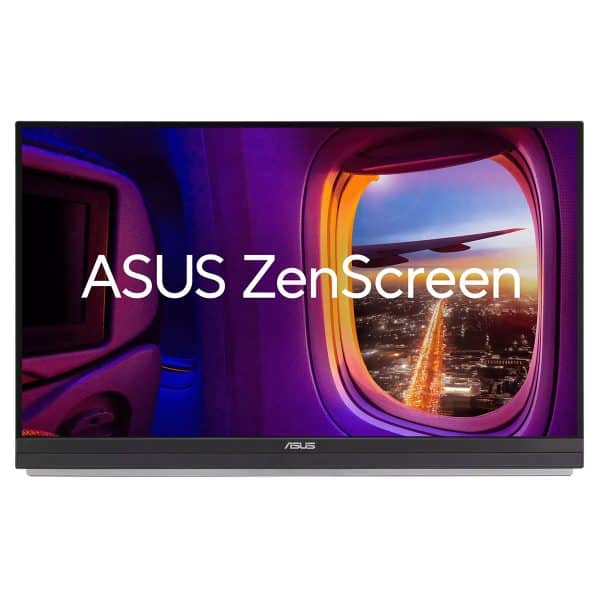 Knipperende ASUS ZenScreen draagbare monitor met helder beeld en slank ontwerp, ideaal voor zakelijk en gaming gebruik.