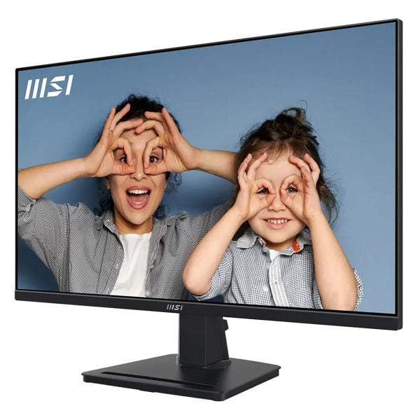 Twee kinderen kijken door hun vingers naar de camera, weergegeven op een MSI PRO MP275Q 27 inch monitor met 2K WQHD-resolutie en IPS-scherm.