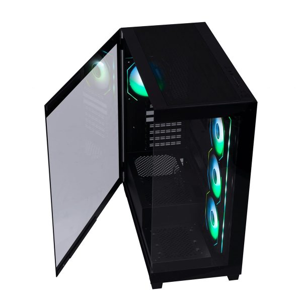 Geavanceerde gaming behuizing met zwart ARGB-verlichting, gehard glas en USB 3.1-poorten, ideaal voor high-performance gaming systemen.