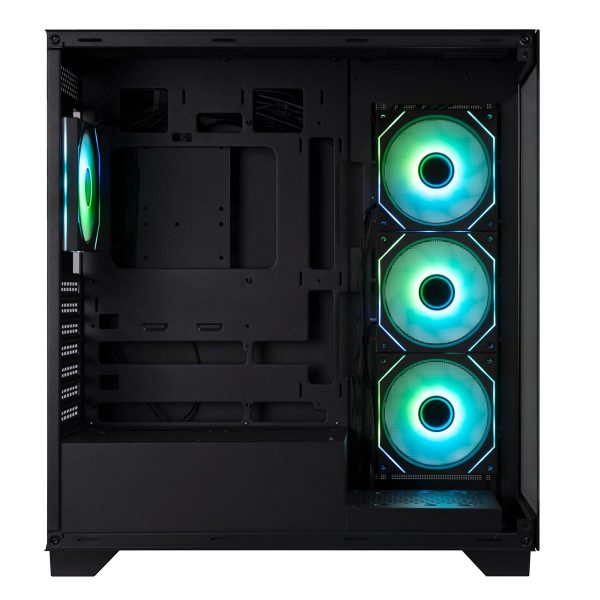 Gezicht op de BitFenix Ceto Premium Edition behuizing met ARGB-verlichting en glazen zijpaneel, geschikt voor gaming en high-performance PC-builds.