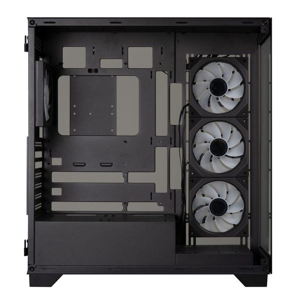 Zwart Fishtank PC-behuizing met drie ARGB-ventilatoren, USB 3.1, glasdeur en ruimte voor krachtige gaming hardware, ideaal voor high-end gaming setups.