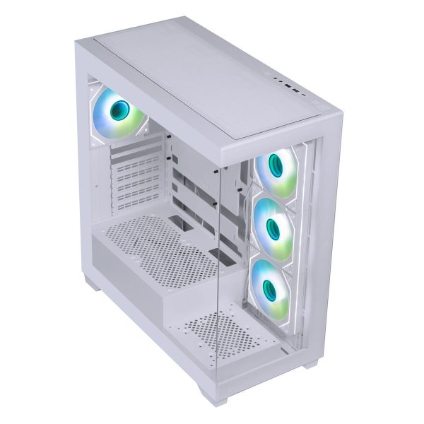 Geïllustreerde witte gaming behuizing met ARGB-verlichting en gehard glas, geschikt voor high-performance gaming systemen. Voorzien van USB 3.1-poorten en 850W voeding voor optimale prestaties.