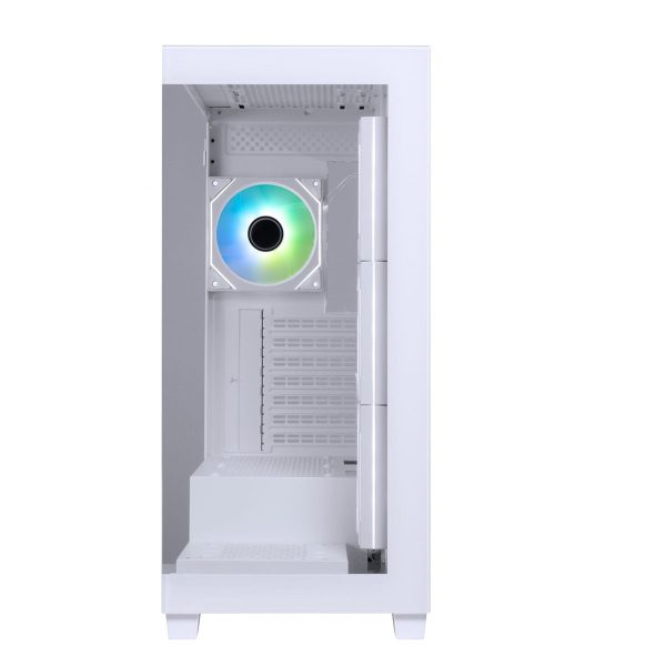 Wit mid-tower gaming behuizing met ARGB-verlichting en gehard glas, geschikt voor krachtige gaming PC's, met USB 3.1 en 850W voeding.