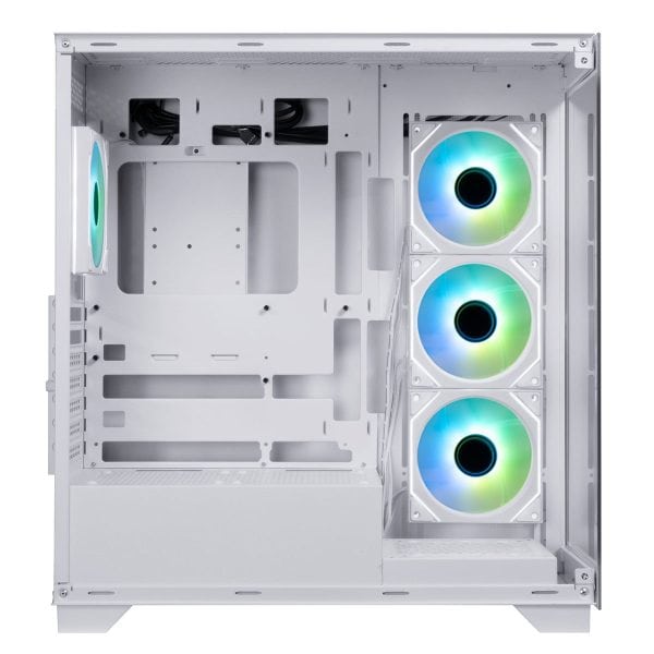 Wit mid-tower gaming behuizing met drie ARGB-verlichte ventilatoren, gehard glas zijpaneel en USB 3.1-poorten, ideaal voor high-end gaming PC's.